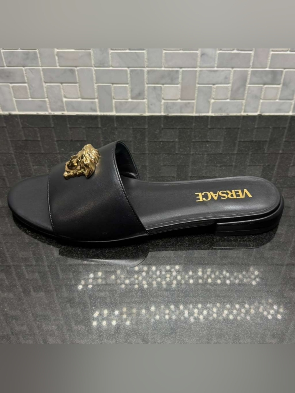 Versace Medusa Slide Sandals Black Leather Gold Logo Womens EU 38 US 8 New - Picture 5 of 13